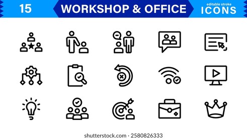 Workshop and  Office Icon Set. Professional Vector Icons with Outline, Minimalist, and Flat Designs for Tools, Business, Workspace, and Productivity