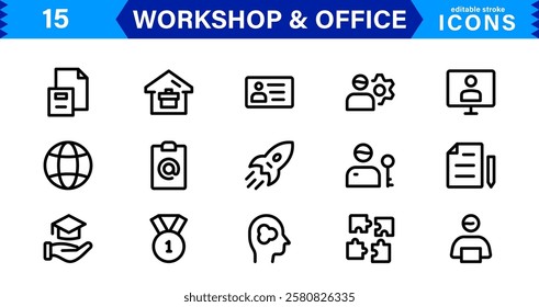 Workshop and  Office Icon Set. Professional Vector Icons with Outline, Minimalist, and Flat Designs for Tools, Business, Workspace, and Productivity