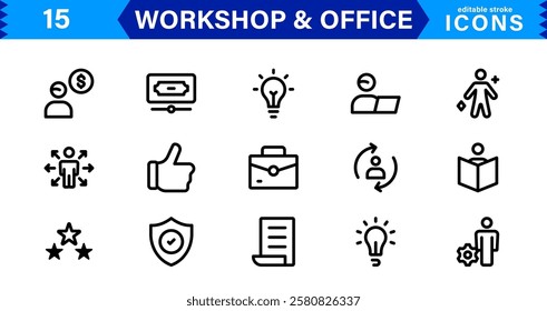 Workshop and  Office Icon Set. Professional Vector Icons with Outline, Minimalist, and Flat Designs for Tools, Business, Workspace, and Productivity