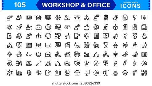Workshop and  Office Icon Set. Professional Vector Icons with Outline, Minimalist, and Flat Designs for Tools, Business, Workspace, and Productivity