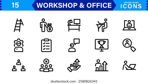 Workshop and  Office Icon Set. Professional Vector Icons with Outline, Minimalist, and Flat Designs for Tools, Business, Workspace, and Productivity