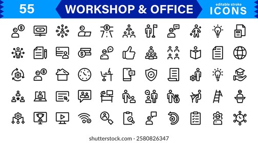 Workshop and  Office Icon Set. Professional Vector Icons with Outline, Minimalist, and Flat Designs for Tools, Business, Workspace, and Productivity