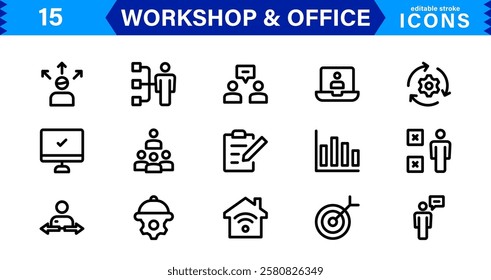 Workshop and  Office Icon Set. Professional Vector Icons with Outline, Minimalist, and Flat Designs for Tools, Business, Workspace, and Productivity