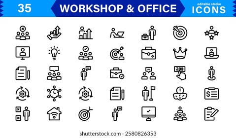 Workshop and  Office Icon Set. Professional Vector Icons with Outline, Minimalist, and Flat Designs for Tools, Business, Workspace, and Productivity