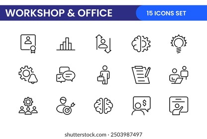 Workshop and Office related outline icon collection. Editable line icon set.
