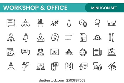 Workshop and Office related outline icon collection. Editable line icon set.