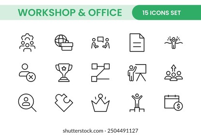 Workshop and Office related outline icon collection. Editable line icon set.