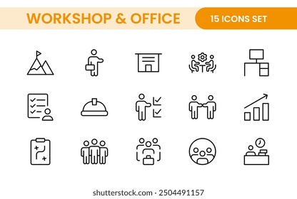 Workshop and Office related outline icon collection. Editable line icon set.