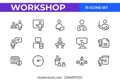 Workshop and Office related outline icon collection. Editable line icon set.