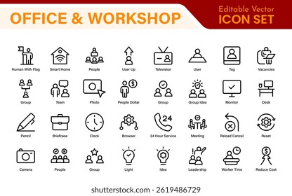Workshop and Office related outline icon collection. Editable line icon set.