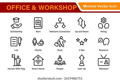 Workshop and Office related outline icon collection. Editable line icon set.