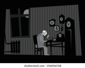 Workshop of an old watchmaker. Old room, old man, old watches. Vector image for illustrations.