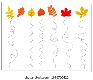 Workshop on handwriting. Educational children's game. Line tracing for children and toddlers. Autumn leaves, vector isolated on a white background.