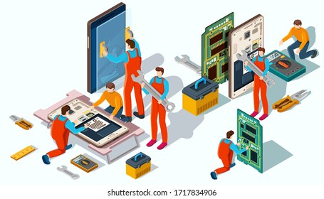 Workshop on repair of phones. People in workwear repair electronics and gadgets with special tools. Vector isometric illustration.