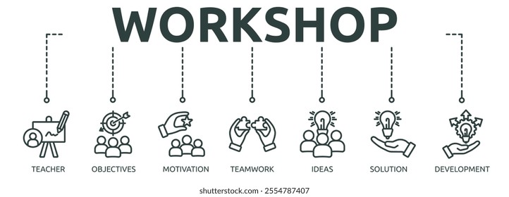 workshop outline banner icon of teacher, objectives, motivation, teamwork, ideas, solution, development