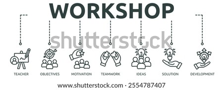 workshop outline banner icon of teacher, objectives, motivation, teamwork, ideas, solution, development