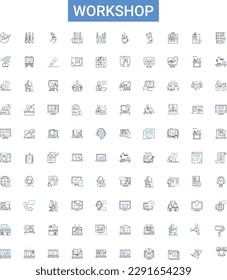 Workshop outline icons collection. Workshop, Training, Seminar, Education, Conference, Skill, Class vector illustration set. Craft, Symposium, Tutoring line signs