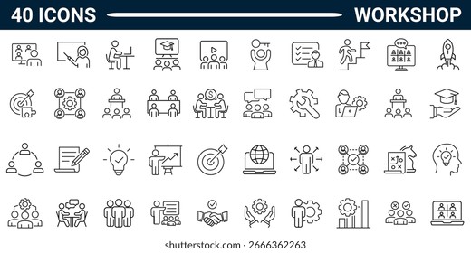 Symbolsatz für Workshop-Gliederungsstil mit bearbeitbarem Strich. Vektorgrafik. 