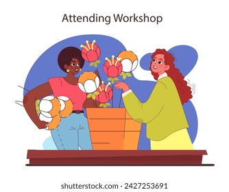 Workshop participation concept. Friends engaging in creative flower arrangement. Skill development through communal learning. Flat vector illustration.