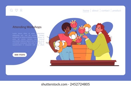 Workshop participation concept. Friends engaging in creative flower arrangement. Skill development through communal learning. Flat vector illustration.