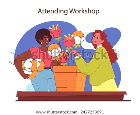 Workshop participation concept. Friends engaging in creative flower arrangement. Skill development through communal learning. Flat vector illustration.