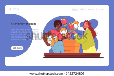 Workshop participation concept. Friends engaging in creative flower arrangement. Skill development through communal learning. Flat vector illustration.