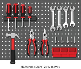 Workshop pegboard tool rack hanging storage board vector icon