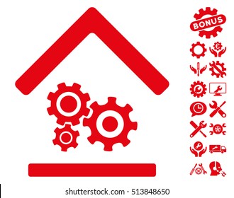 Workshop pictograph with bonus configuration pictograph collection. Vector illustration style is flat iconic red symbols on white background.