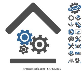 Workshop pictograph with bonus configuration pictures. Vector illustration style is flat iconic cobalt and gray symbols on white background.
