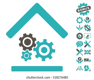 Workshop pictograph with bonus tools pictograph collection. Vector illustration style is flat iconic grey and cyan symbols on white background.