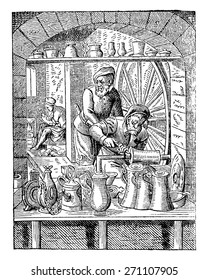 Workshop of potter tin (sixteenth century), vintage engraved illustration. Industrial encyclopedia E.-O. Lami - 1875.