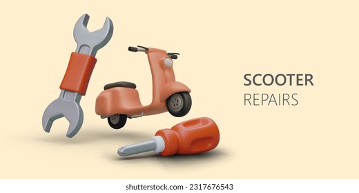 Workshop for repair of scooters, mopeds. Advertising banner in cartoon style. Color vector template. Seasonal maintenance, diagnostics, battery replacement, parts