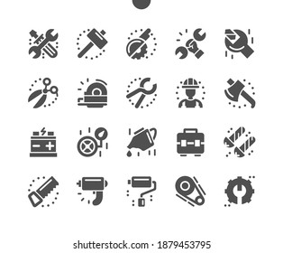 Workshop. Reparaturwarengeschäft. Handsäge, Schere, Bohrer, Walze, Motor und andere. Baumeister und Gebäude. Vektor-Solid-Symbole. Einfaches Piktogramm