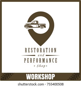 workshop retro auto, icon, concept of restoration. Garage logo, illustration of a classic car
