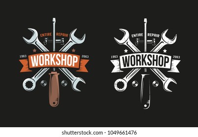 Workshop retro logo with wrench, screwdriver and heraldic ribbon. Black background. Color and monochrome versions. Grunge worn texture on separate layer and easily turn off.