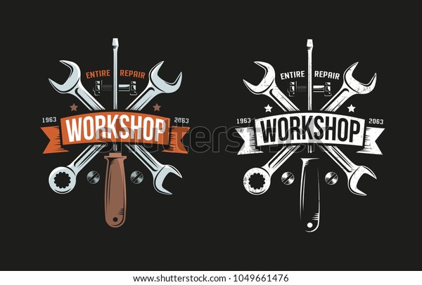 Workshop retro logo\
with wrench, screwdriver and heraldic ribbon. Black background.\
Color and monochrome versions. Grunge worn texture on separate\
layer and easily turn\
off.