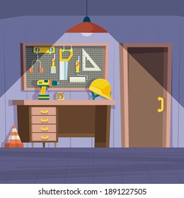 Workshop Room. Garage Interior With Repair Tools On Wall Hammer Saw Paint Workbench Garish Vector Cartoon Illustrations