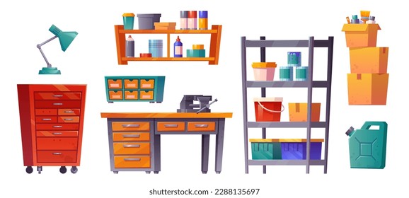 Workshop room interior in garage or basement. Isolated carpentry tool storage on white background. Shelf with equipment and box in engineer storeroom set. Canister and old rack with toolbox collection