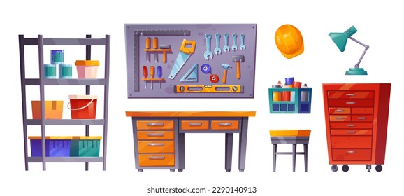 Workshop room interior in garage or basement set. Isolated carpentry tool storage on white background. Shelf and board with equipment, box in engineer storeroom. Canister and old rack collection