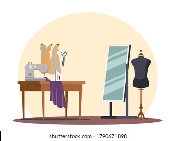 Workshop seamstress interior design. Desktop, patterns, sewing machine, female mannequin, mirror, equipment for sewing clothes. Vector flat illustration of dressmaker studio, designer tailor room