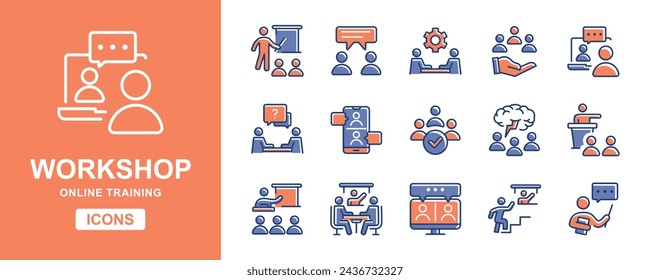taller seminario formación en línea icono conjunto de habilidades de recursos humanos curso de desarrollo ilustración vectorial trabajo en equipo de negocios coaching símbolo para web y aplicación
