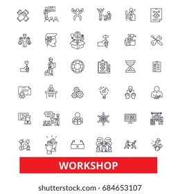 Workshop, seminar,training, conference, garage,meeting,classroom,workplace line icons.  Seminar outline signs set.  Workshop training icons with editable strokes