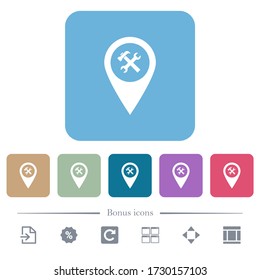 Workshop service GPS map location white flat icons on color rounded square backgrounds. 6 bonus icons included