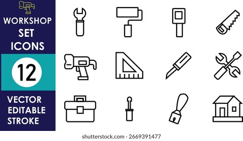 Workshop set icons featuring 12 vector editable stroke designs