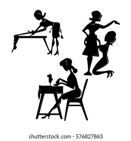 workshop set of silhouettes of icons of women tailors for sewing