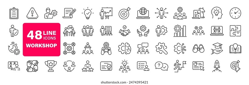 Workshop set of web icons in line style. Business Workshop icons for web and mobile app. Containing team building, teamwork, coaching, meeting, managing, coaching, motivation and more