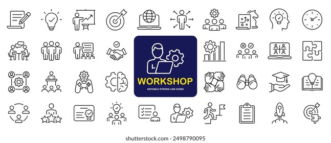 Workshop set of web icons in line style. Business Workshop icons for web and mobile app. Containing team building, teamwork, coaching, meeting, managing, coaching, motivation and more