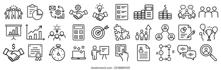 Workshop set of web icons in line style. Business Workshop icons for web and mobile app. Containing team building, teamwork, coaching, meeting, managing, coaching, motivation and more