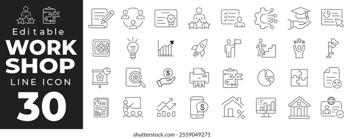 Workshop set of web icons in line style. Business Workshop icons for web and mobile app. Containing team building, teamwork, coaching, meeting, managing, coaching, motivation and more