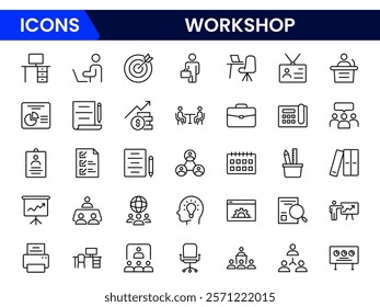 Workshop set of web icons in line style. Business Workshop icons for web and mobile app. Containing team building, teamwork, coaching, meeting, managing, coaching, motivation and more